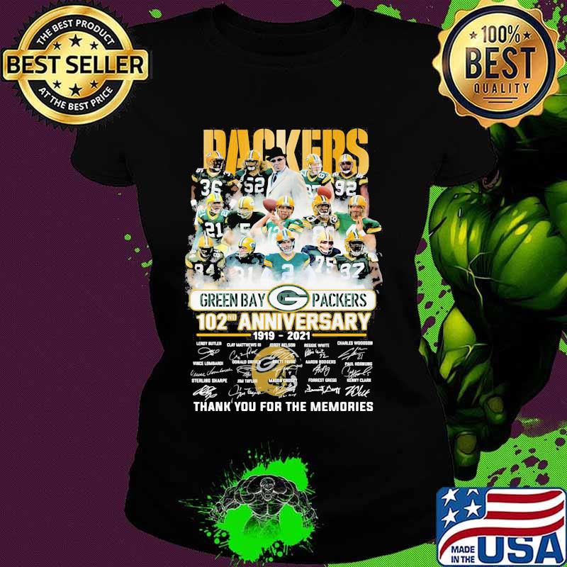 Green Bay Packers 102th Anniversary 1919 2021 Thank You For The Memories Signature Shirt Ladies tee Green Bay Packers 102th Anniversary 1919 2021 Thank You For The Memories Signature Shirt Ladies tee