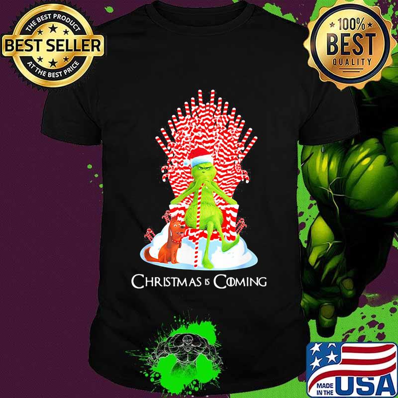 Grinch And Dog Is Coming Candy Cane Throne Xmas Shirt