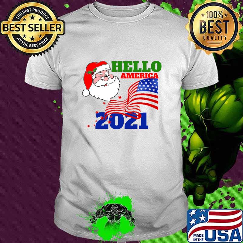 Hello America 2021 Santa Claus Merry Christmas Usa Flag Shirt