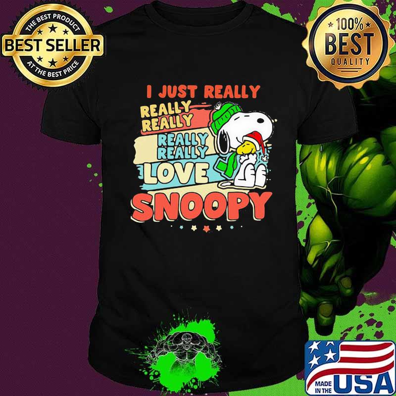 I Just Really Love Snoopy Woodstock Wear Santa Hat Christmas Vintage Shirt