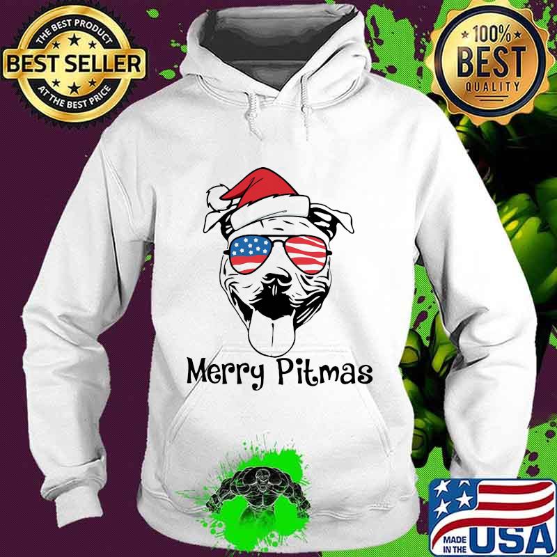 Merry Pitmas Dog Wear Hat Santa Claus With Sunglasses American Flag Shirt Hoodie Merry Pitmas Dog Wear Hat Santa Claus With Sunglasses American Flag Shirt Hoodie