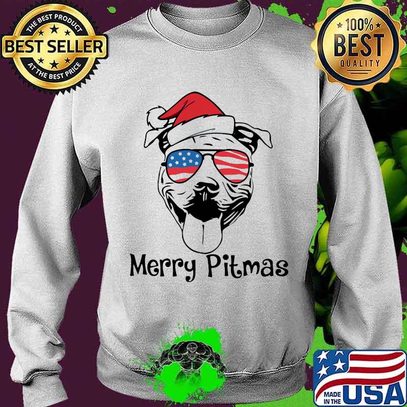 Merry Pitmas Dog Wear Hat Santa Claus With Sunglasses American Flag Shirt Sweater Merry Pitmas Dog Wear Hat Santa Claus With Sunglasses American Flag Shirt Sweater
