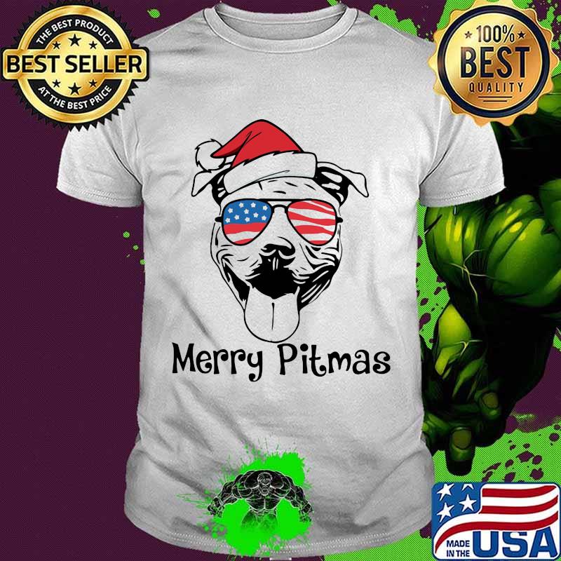 Merry Pitmas Dog Wear Hat Santa Claus With Sunglasses American Flag Shirt Merry Pitmas Dog Wear Hat Santa Claus With Sunglasses American Flag Shirt