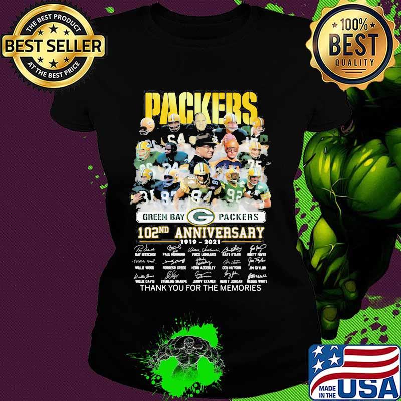 Packers Green Bay 102nd Anniversary 1919 2021 Thank You For The Memories Signature Shirt Ladies tee Packers Green Bay 102nd Anniversary 1919 2021 Thank You For The Memories Signature Shirt Ladies tee