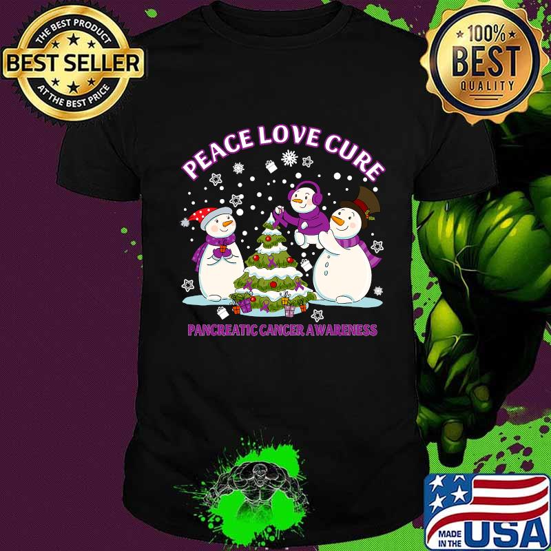 Peace Love Cure Pancreatic Cancer Awareness Snowman Christmas Shirt