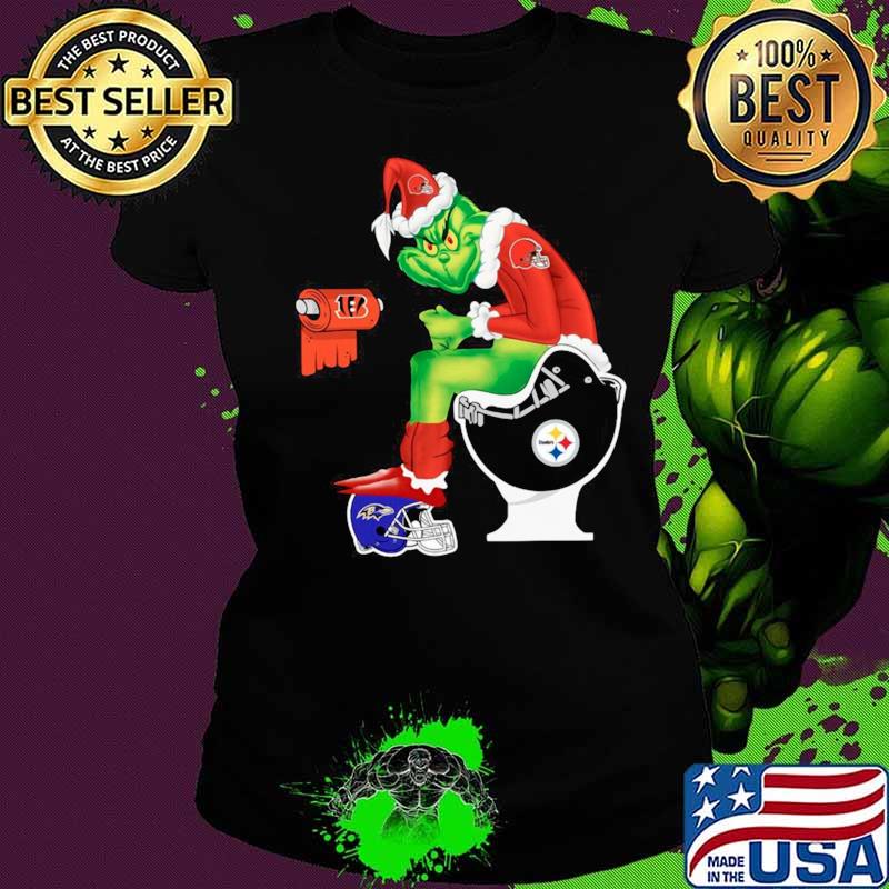 Cleveland Browns Grinch sitting on Pittsburgh Steelers toilet and step on Baltimore Ravens helmet Ladies tee Cleveland Browns Grinch sitting on Pittsburgh Steelers toilet and step on Baltimore Ravens helmet Ladies tee