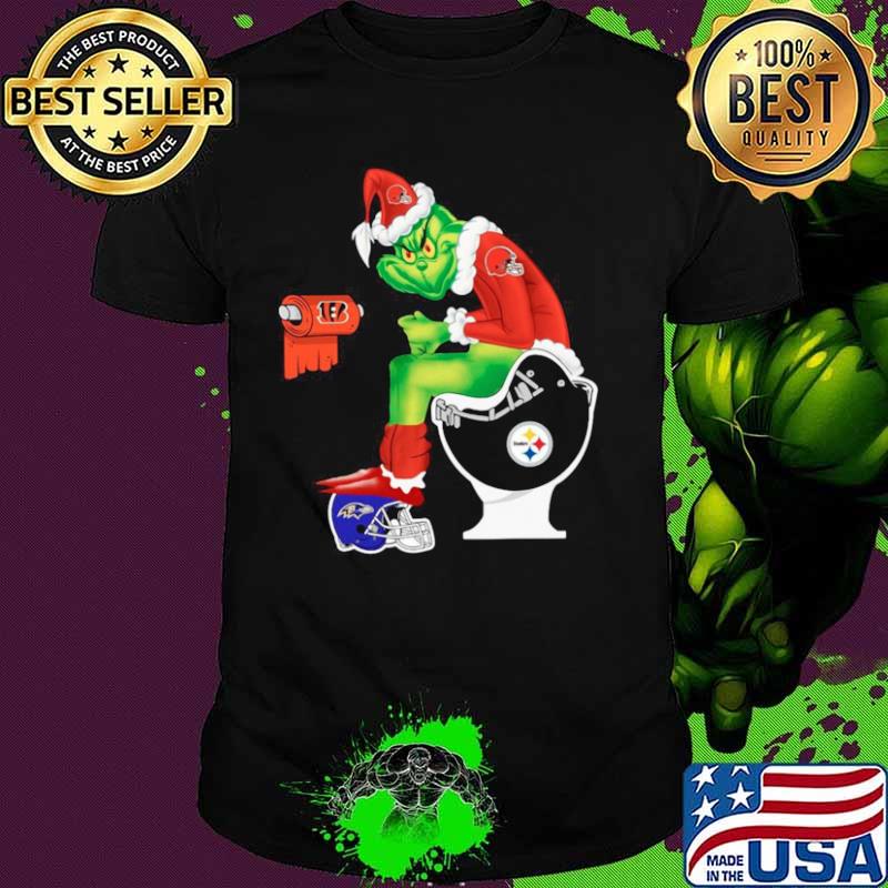 Cleveland Browns Grinch sitting on Pittsburgh Steelers toilet and step on Baltimore Ravens helmet shirt