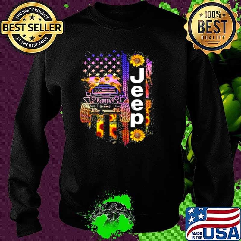 Jeep Wearing Sunflower Bandana Wheel Print American Flag Sweater Jeep Wearing Sunflower Bandana Wheel Print American Flag Sweater