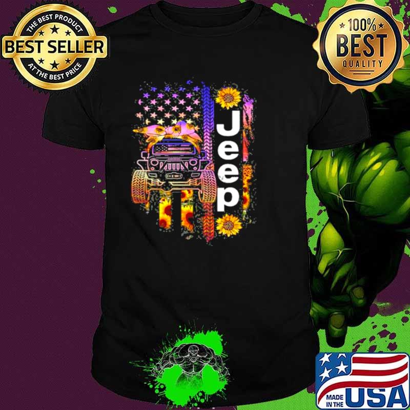Jeep Wearing Sunflower Bandana Wheel Print American Flag shirt