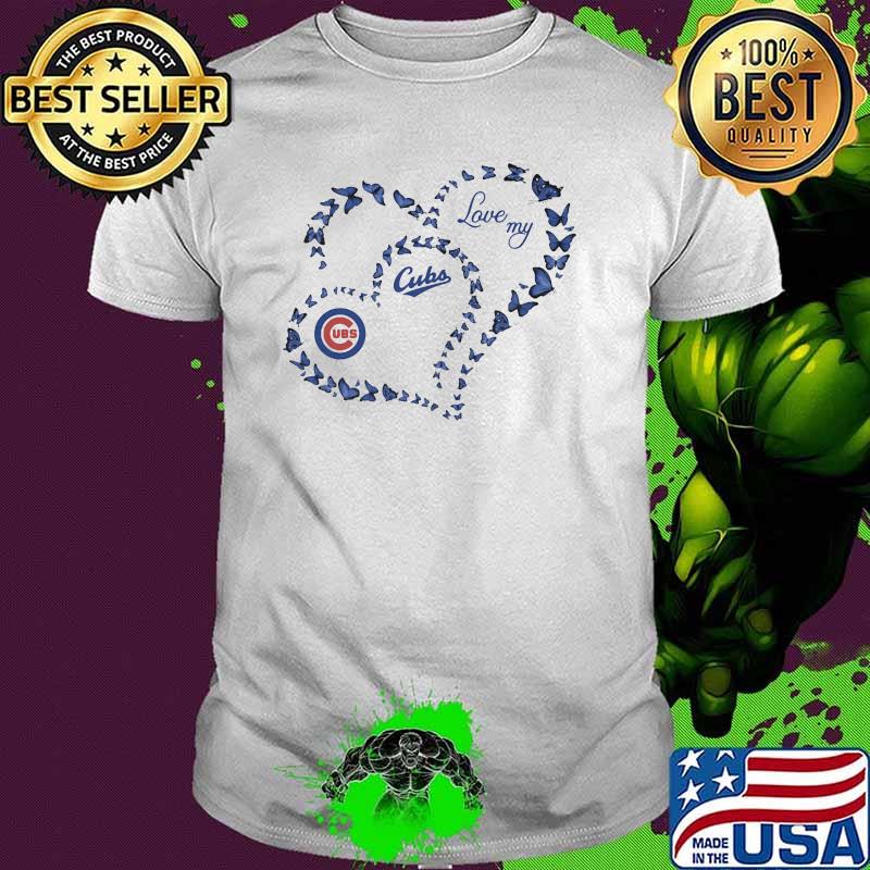 Love My Chicago Cubs Heart Butterflies Blue Shirt