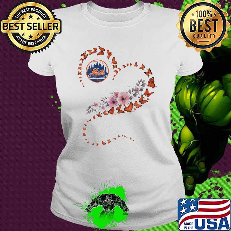 New York Mets Heart Butterflies Orange Flowers Shirt Ladies tee New York Mets Heart Butterflies Orange Flowers Shirt Ladies tee