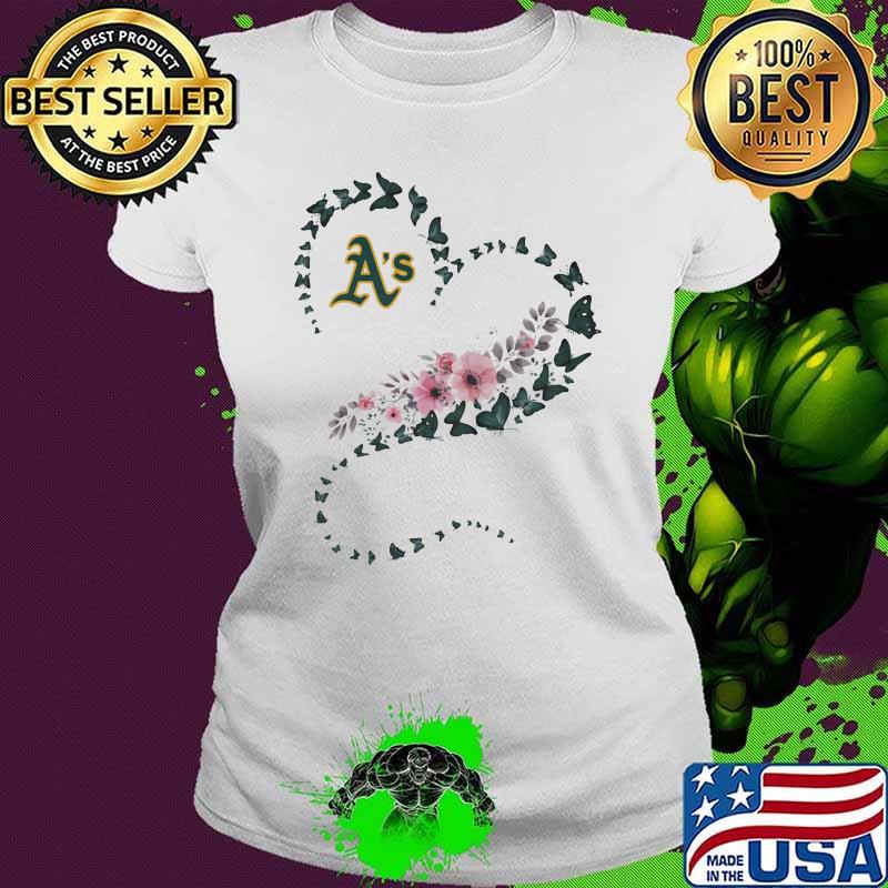 Oakland Athletics New Era Heart Butterflies Green Flowers Shirt Ladies tee Oakland Athletics New Era Heart Butterflies Green Flowers Shirt Ladies tee