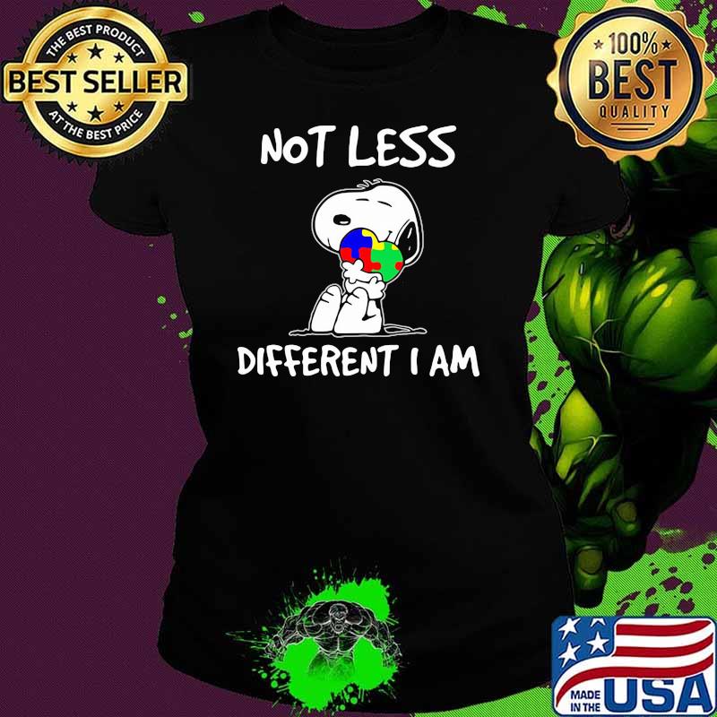 Snoopy Hug Heart Autism Awareness Not Less Different I Am Shirt Ladies tee Snoopy Hug Heart Autism Awareness Not Less Different I Am Shirt Ladies tee