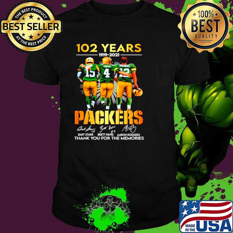 Starr Favre Rodgers 102 Years 1919 2021 Green Bay Packers signatures shirt