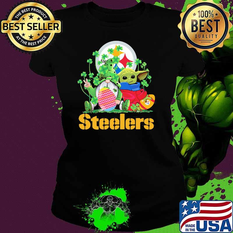 Steelers Football Baby Yoda Vs Gnome Happy Easters And St Patricks Day Shirt Ladies tee Steelers Football Baby Yoda Vs Gnome Happy Easters And St Patricks Day Shirt Ladies tee
