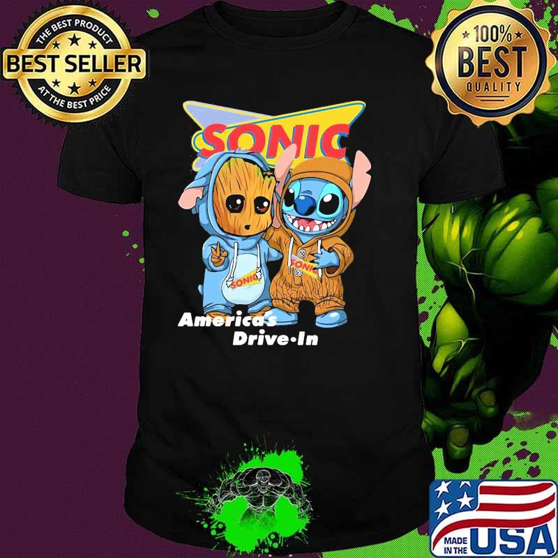 Americas Drive In Sonic Logo Baby Groot And Baby Stitch Shirt