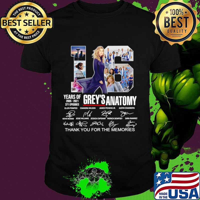 Greys Anatomy 16 Years Of 2005 2021 371 Episodes Thank You For The Memories Signatures shirt