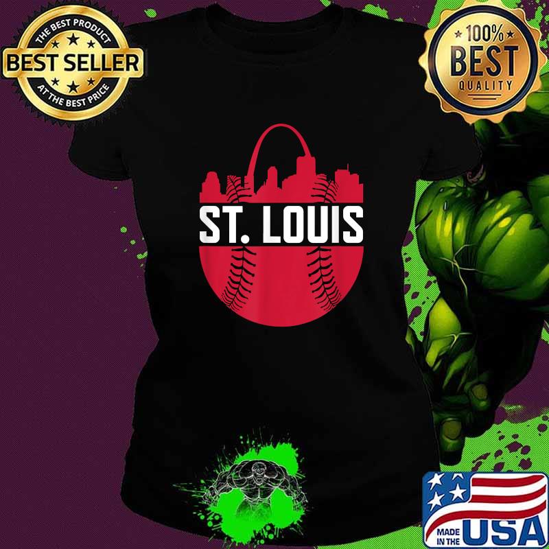 St. Louis Baseball STL Skyline Novelty Cardinal Red Ball Shirt Ladies tee St. Louis Baseball STL Skyline Novelty Cardinal Red Ball Shirt Ladies tee