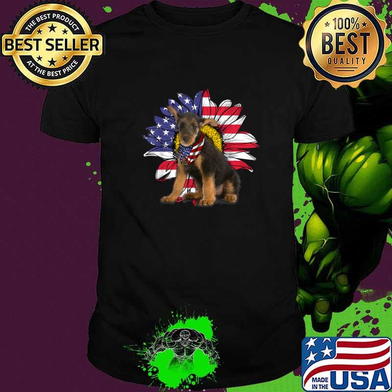 Sunflower American Flag Airedale Terrier Dog Lovers Owners Shirt