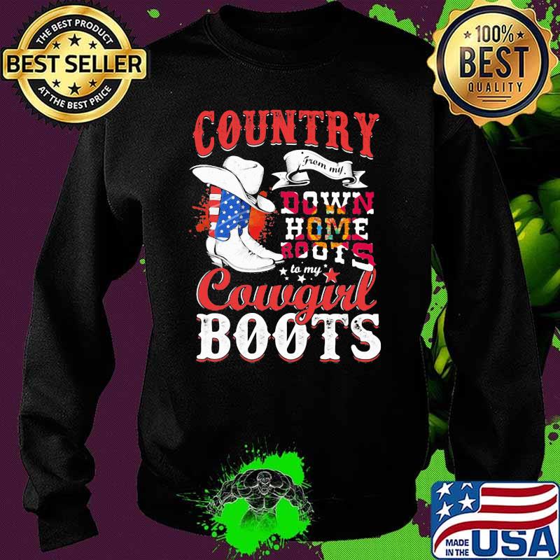 Country Down Home Roots Cowgirl Boots American Flag Shirt Sweater Country Down Home Roots Cowgirl Boots American Flag Shirt Sweater