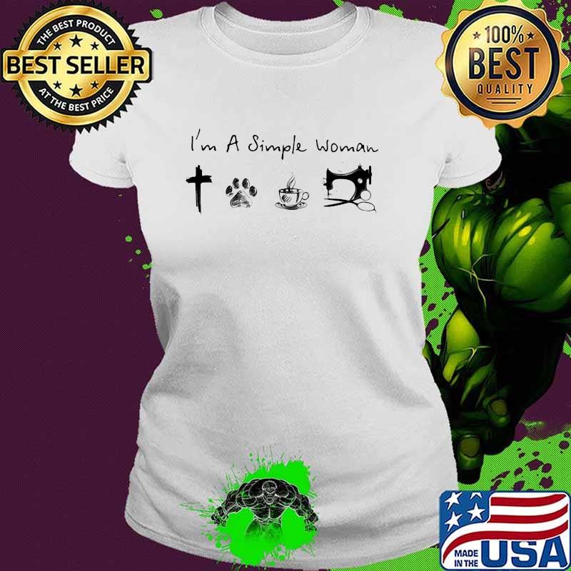 I'm A Simple Woman Jesus Dog Coffee And Sewing Shirt Ladies tee I'm A Simple Woman Jesus Dog Coffee And Sewing Shirt Ladies tee