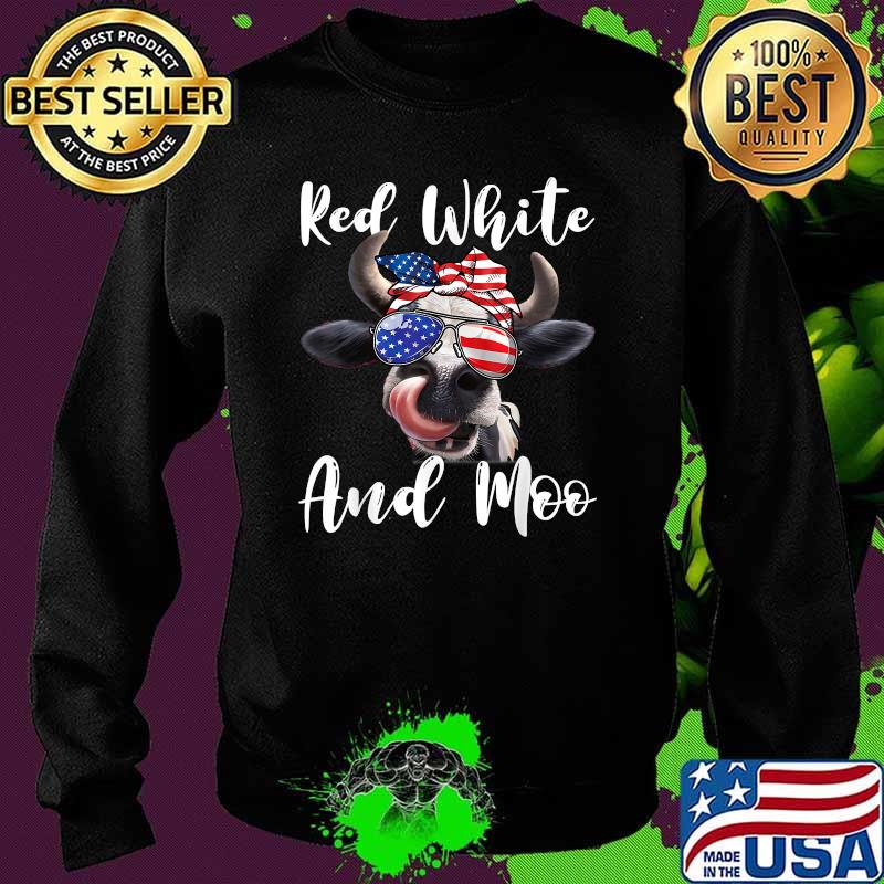 Red White and Moo Cow Messy Bun USA Flag 4th of July T-Shirt Sweater Red White and Moo Cow Messy Bun USA Flag 4th of July T-Shirt Sweater