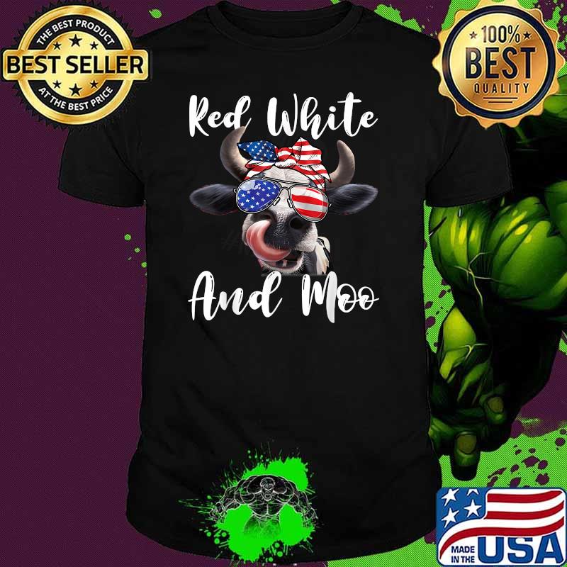 Red White and Moo Cow Messy Bun USA Flag 4th of July T-Shirt