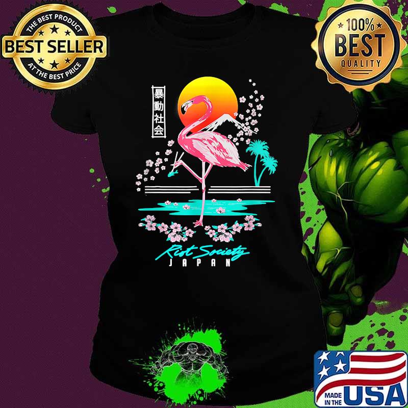 Riot Society Graphic Embroidered Flamingo Japan Sunset Shirt Ladies tee Riot Society Graphic Embroidered Flamingo Japan Sunset Shirt Ladies tee