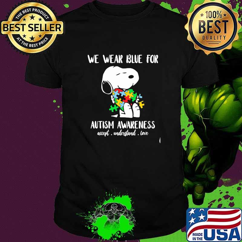 We wear blue for autism awareness snoopy shirt