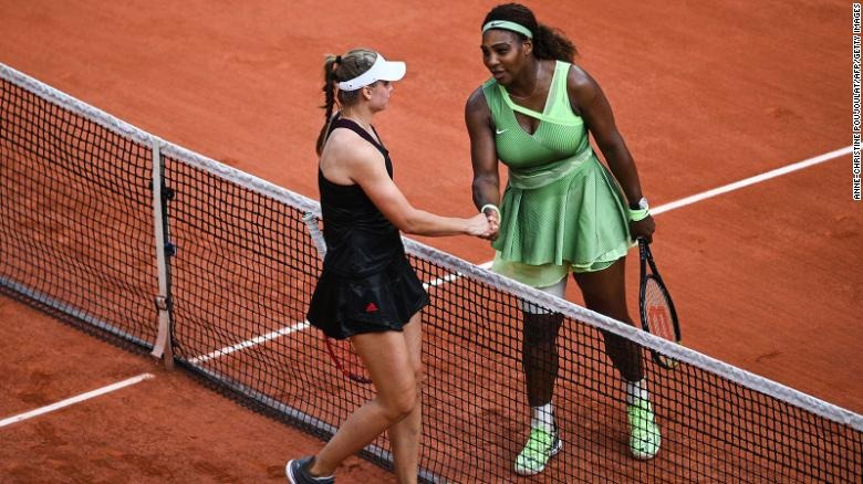 Elena Rybakina returns the ball to Serena Williams of the US during their women's singles fourth round match. Earlier on Sunday, Roger Federer withdrew from the French Open as he seeks to protect his knee following two operations in 2020. Federer is targeting a ninth Wimbledon title on his favorite grass court surface later this month.