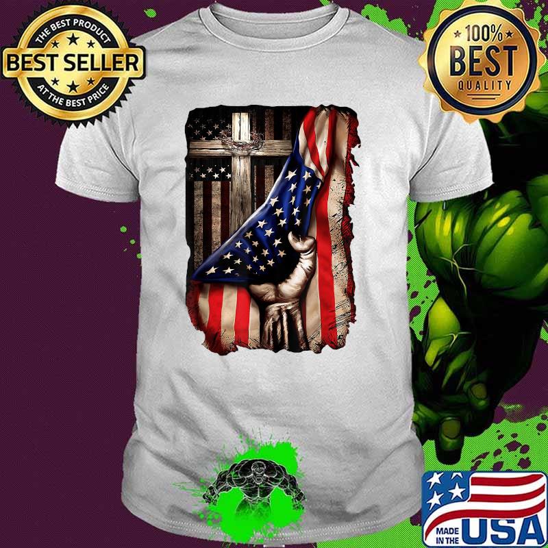 God Jesus Christ Proud USA Flag Cross Behind American T-Shirt
