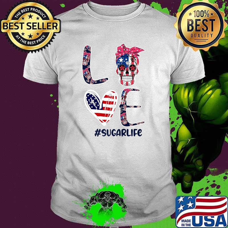 LOVE SUGARLIFE American Flag Skull Heart T-Shirt