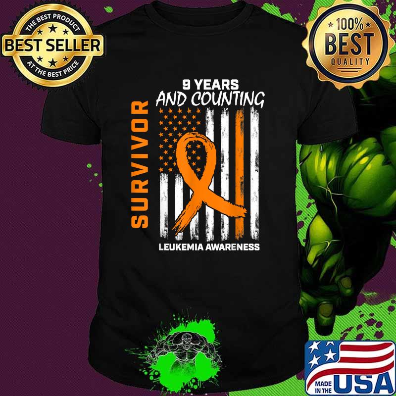 9 Year Leukemia Survivor Gifts Orange Cancer Awareness Flag Shirt