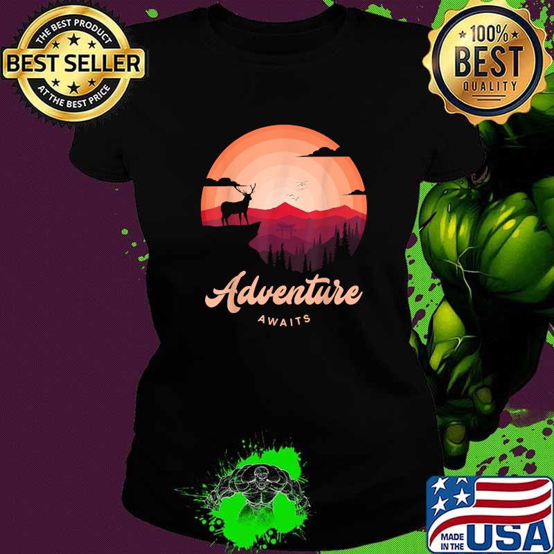 Adventure Awaits Vintage Sunset Mountain Deer Forest T-Shirt Ladies tee Adventure Awaits Vintage Sunset Mountain Deer Forest T-Shirt Ladies tee