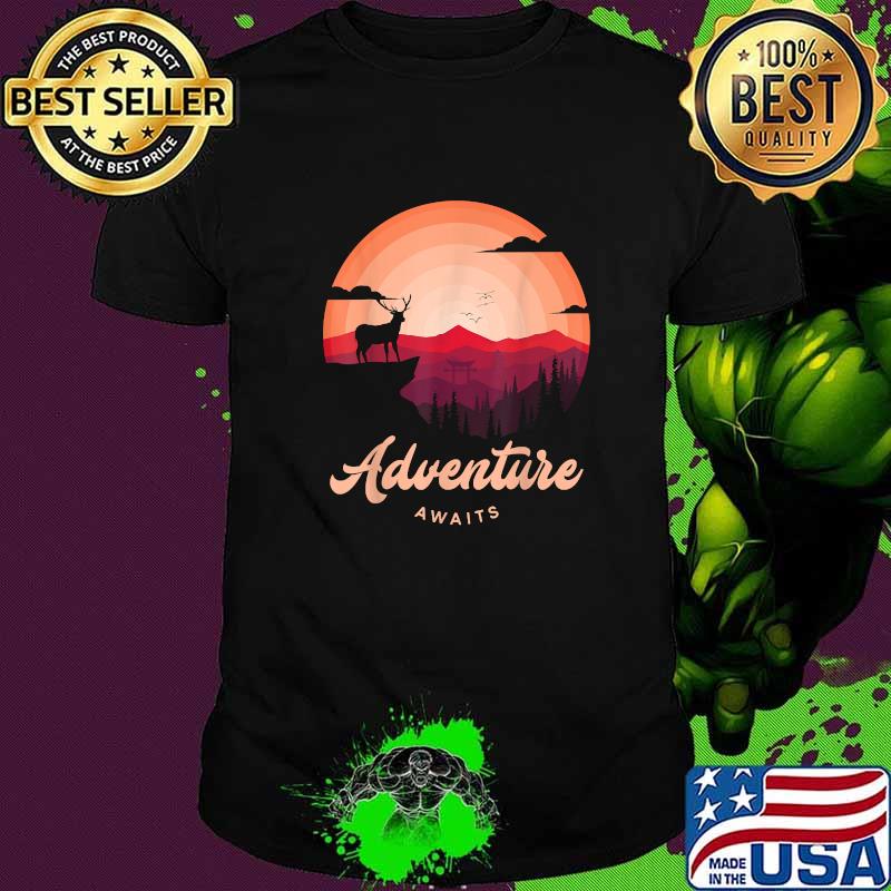 Adventure Awaits Vintage Sunset Mountain Deer Forest T-Shirt