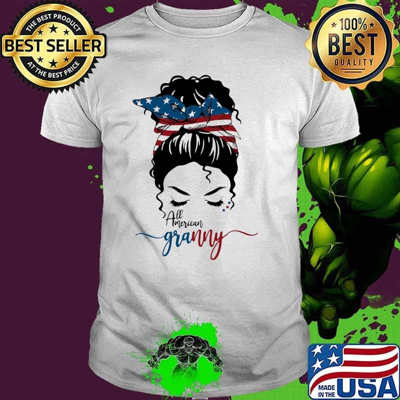All american granny messy woman bun hair shirt