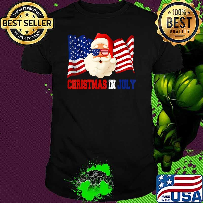 Christmas In July Hawaiian Santa Sunglasses American Pride 4th July T-Shirt