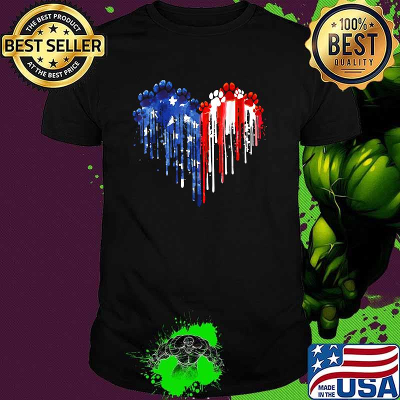 Dripping Heart Dog Paw American Flag 4th Of July Patriotic T-Shirt