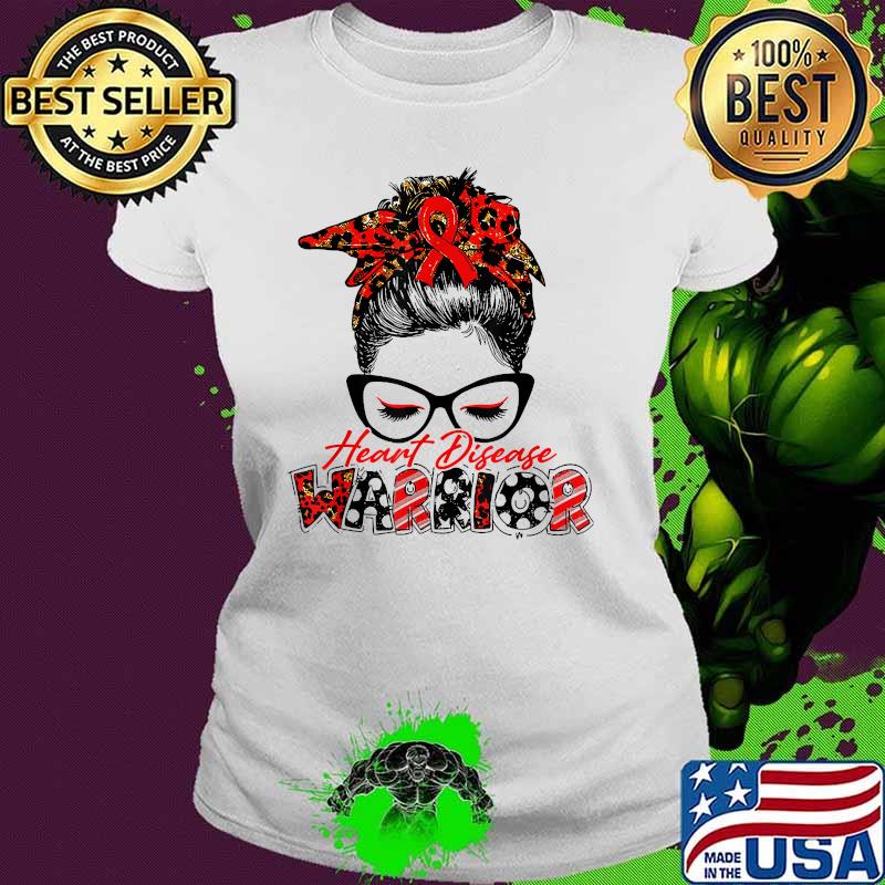Heart Disease Warrior Women Glasses Messy Bun Leopard Bandan T-Shirt Ladies tee Heart Disease Warrior Women Glasses Messy Bun Leopard Bandan T-Shirt Ladies tee