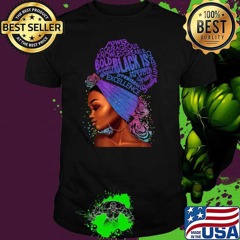 Power Courageous Knowledgreable bold black is Afro Girl Black Is Cloud Text Black Women T-Shirt (1)