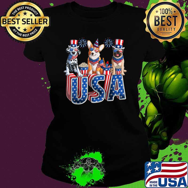 USA Firework 4th of July Patriotic Pug Corgi Dalmatian Dog T-Shirt Ladies tee USA Firework 4th of July Patriotic Pug Corgi Dalmatian Dog T-Shirt Ladies tee