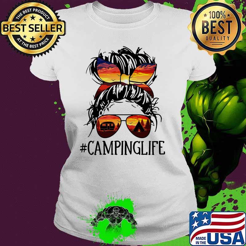 Women bunny hair messy sunglasses sunset campinglife Ladies tee Women bunny hair messy sunglasses sunset campinglife Ladies tee