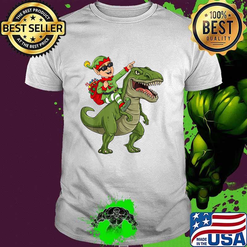 Christmas Elf Riding Dinosaur T Rex Boys Kids Xmas T-Shirt