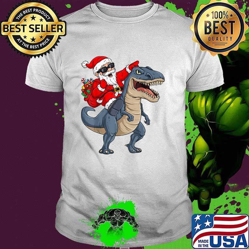 Christmas Santa Claus Riding Dinosaur T Rex T-Shirt
