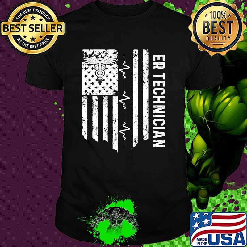 ER Technician Emergency Room Tech Heartbeat usa Flag T-Shirt