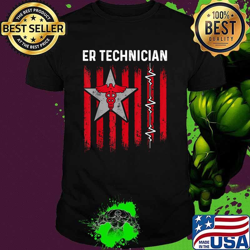 ER Technician Emergency Room Tech Star Logo heartbeat Usa Flag T-Shirt