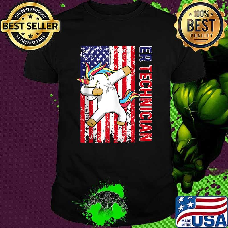 ER Technician Emergency Room Tech Unicorn Dabbing Usa Flag T-Shirt