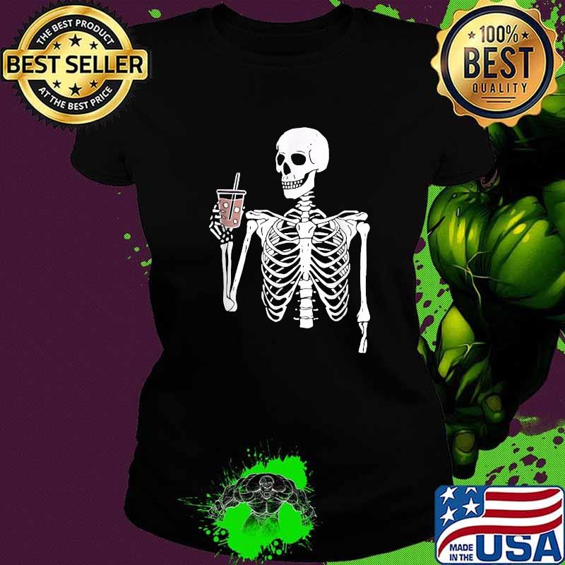 Iced Coffee Skeleton Drinking Halloween Skull T-Shirt Ladies tee Iced Coffee Skeleton Drinking Halloween Skull T-Shirt Ladies tee