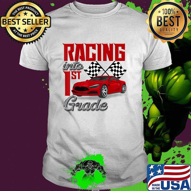 Racing Into 1st Grade Race Car School Kids Checker Flag Boys T-Shirt