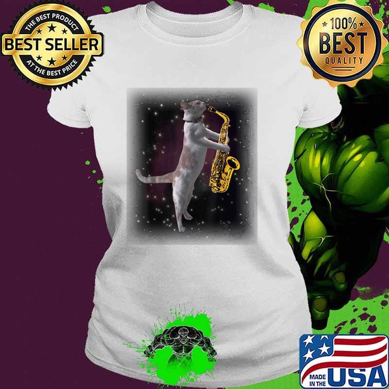Cat Playing Saxophone Cats In Space With Sax T-Shirt Ladies tee Cat Playing Saxophone Cats In Space With Sax T-Shirt Ladies tee